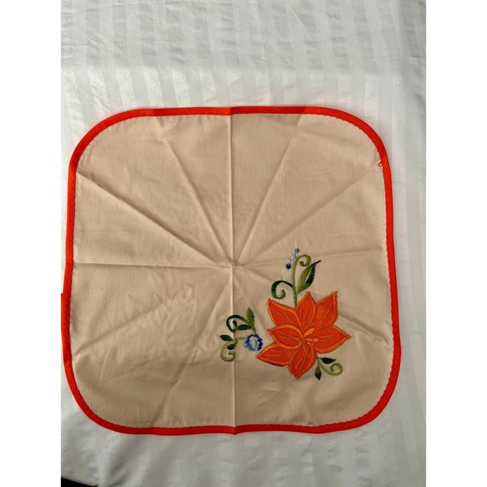 Vintage Embroidered Floral Handkerchief Orange Flower Cream Cotton Pocket Square
